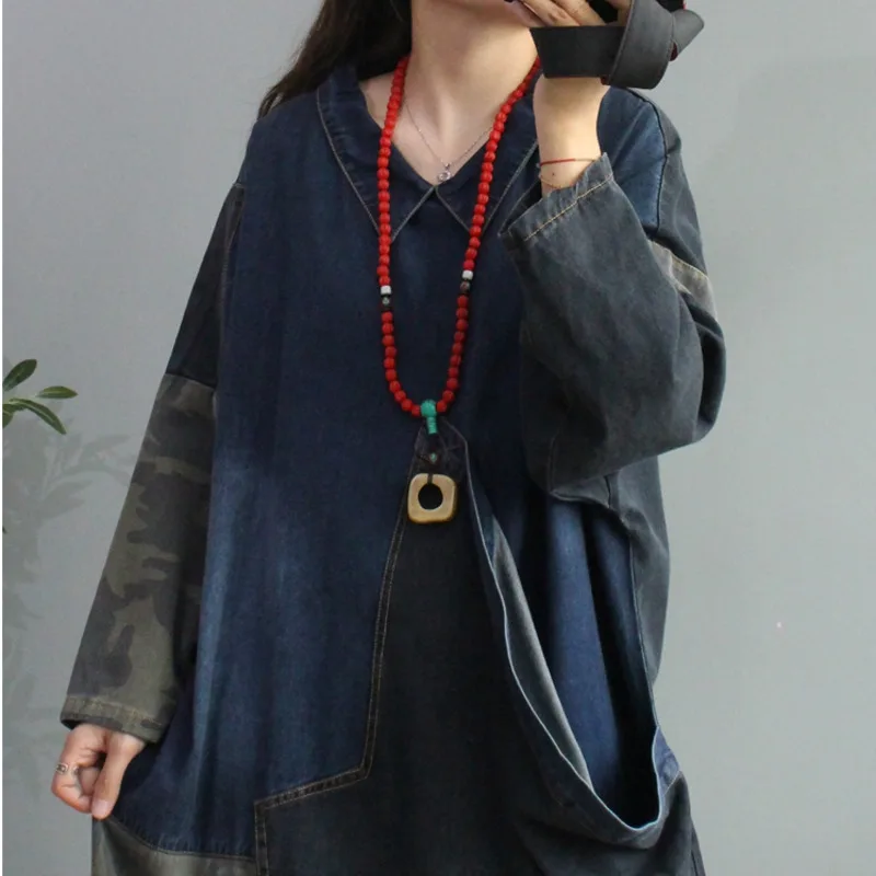 

Patchwork Denim Dress Women Plus Size Long Sleeves Europe Loose jean Dress New Baggy Big pocket cowboy Dress Streetwear Vestidos