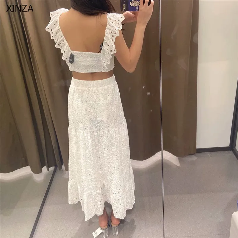 

Za 2021 Openwork Embroidered Midi Skirt Women Cotton High Waist Embroidery Summer Skirt Woman Fashion Elastic Waist White Skirts