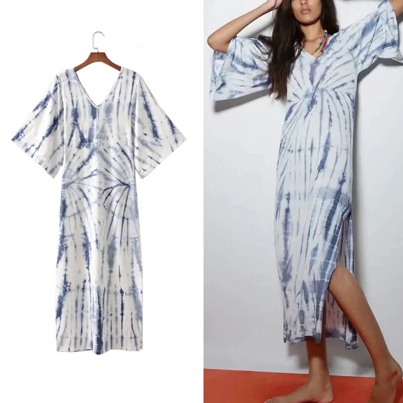 

Za 2021 Tie Dye Dress Women Vintage V Neck Short Sleeve Summer Long Dress Woman Elegant Woman clothing Split Casual Dresses