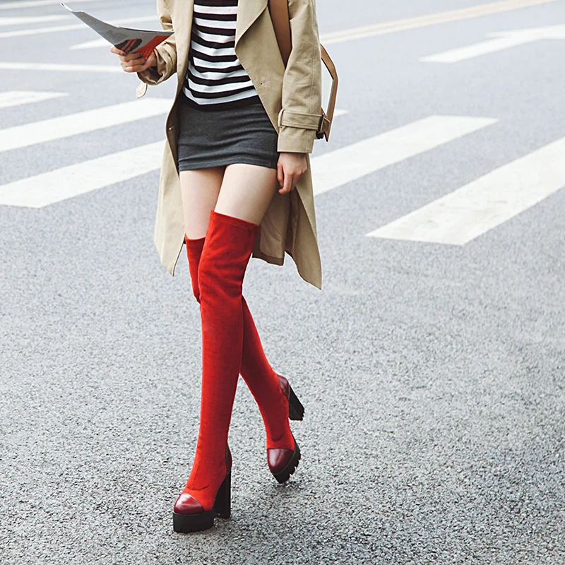 WETKISS Platform High Heels Boots Women Thigh High Boot Female Stitching Shoes Lady Round Toe Stretch Shoes Winter Plus Size 48