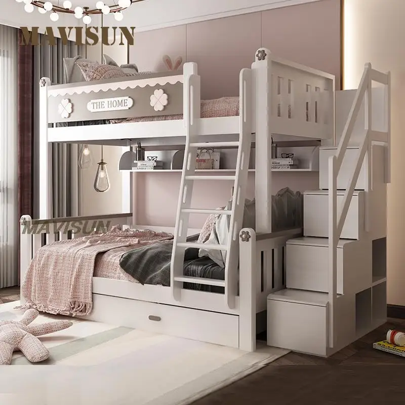 Nordic Style Pink Floral Pattern Children’s High And Low Bunk Bed For Girls With Solid Wood Frame 1.2 Meter Small Apartment | Мебель