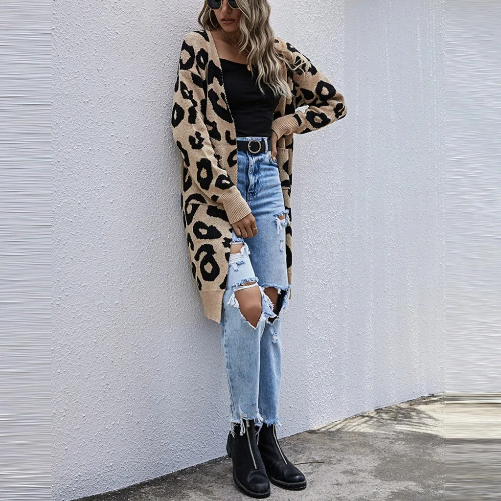 Кардиган женский длинный с V-образным вырезом и леопардовым принтом Осень-зима |