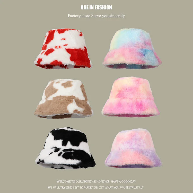 

Tie Dyed Bucket Hats For Women Faux Fur Plush Outdoor Sunscreen Hat Female Winter Warm Panama Fisherman Cap