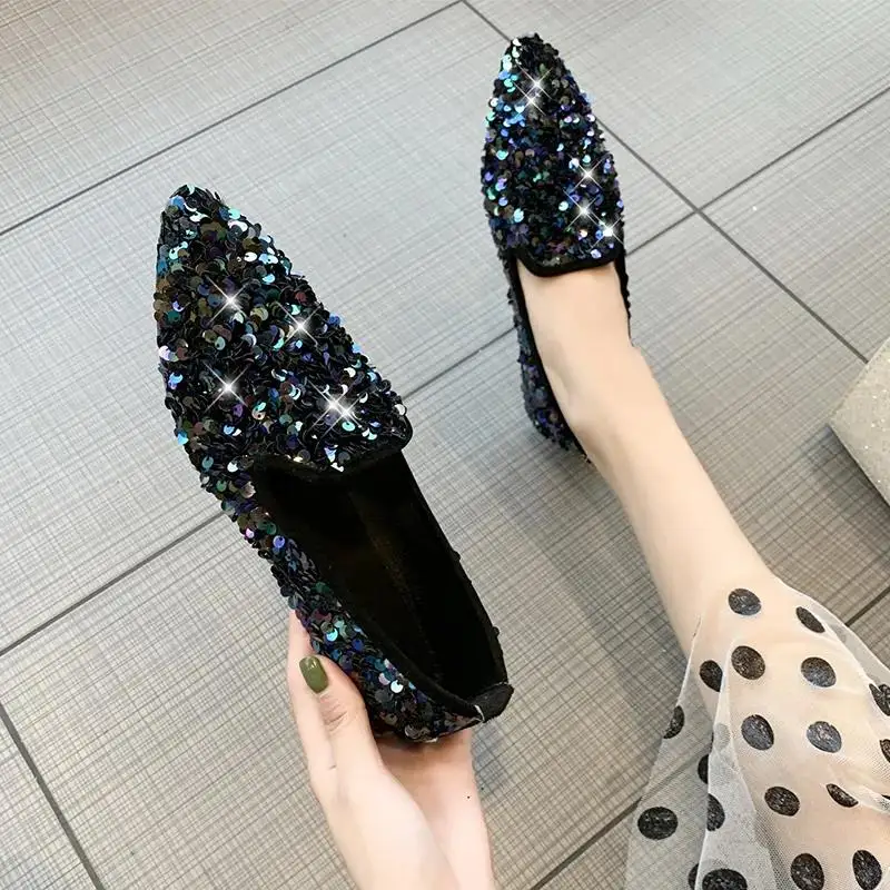 Женские блестящие туфли на плоской подошве, милые повседневные туфли без застежки, для вечерние НКИ, для ночного клуба, удобные туфли на плоской подошве, E9175