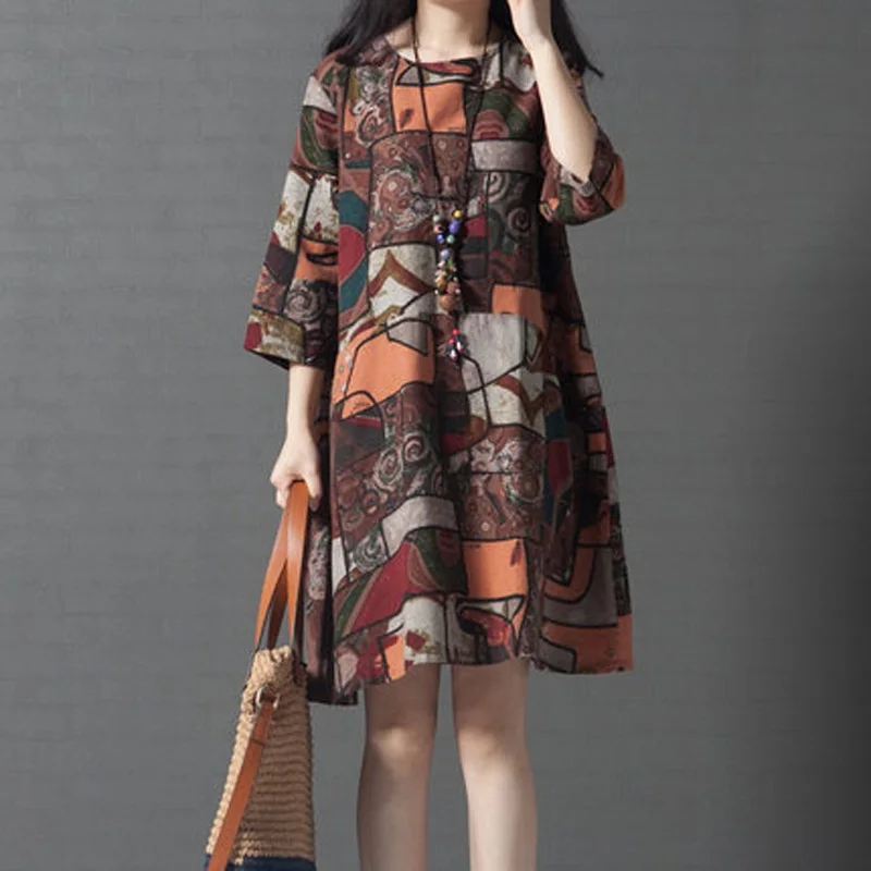 Туника 2019 весна осень винтажное хлопковое льняное платье с принтом короткий