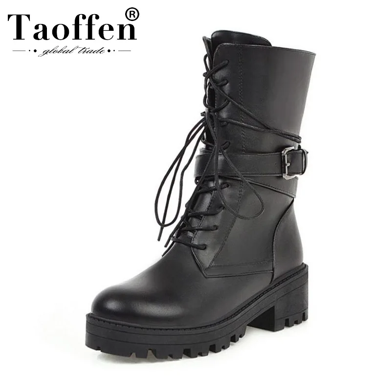 Taoffen/женские ботильоны; Цвет черный, белый; модные мотоботы на платформе с массивным каблуком; повседневная женская обувь; большие размеры 34-46
