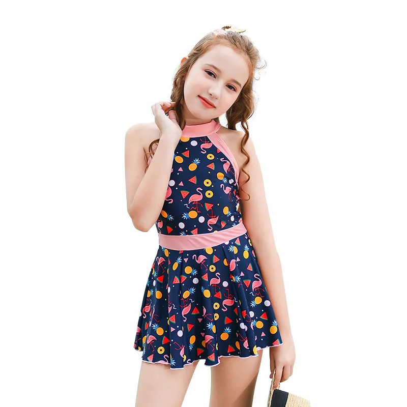 One Piece Conservative Swimsuit Skirt Korea Style Ruffle Swimwear Girls Big Kids Bathing Suit Summer Beach Dress Boxer Bottom | Спорт и