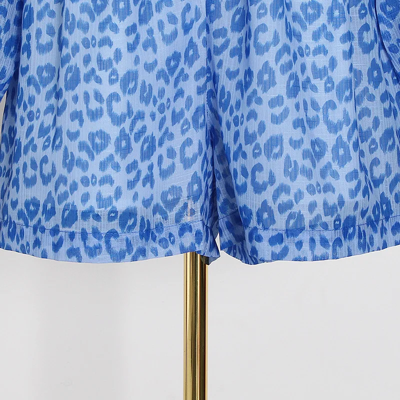 

Fashion Designer Autumn Female Blue Leopard Print Short Rompers Women Stand Collar Drawstring Waist Vintage Playsuits