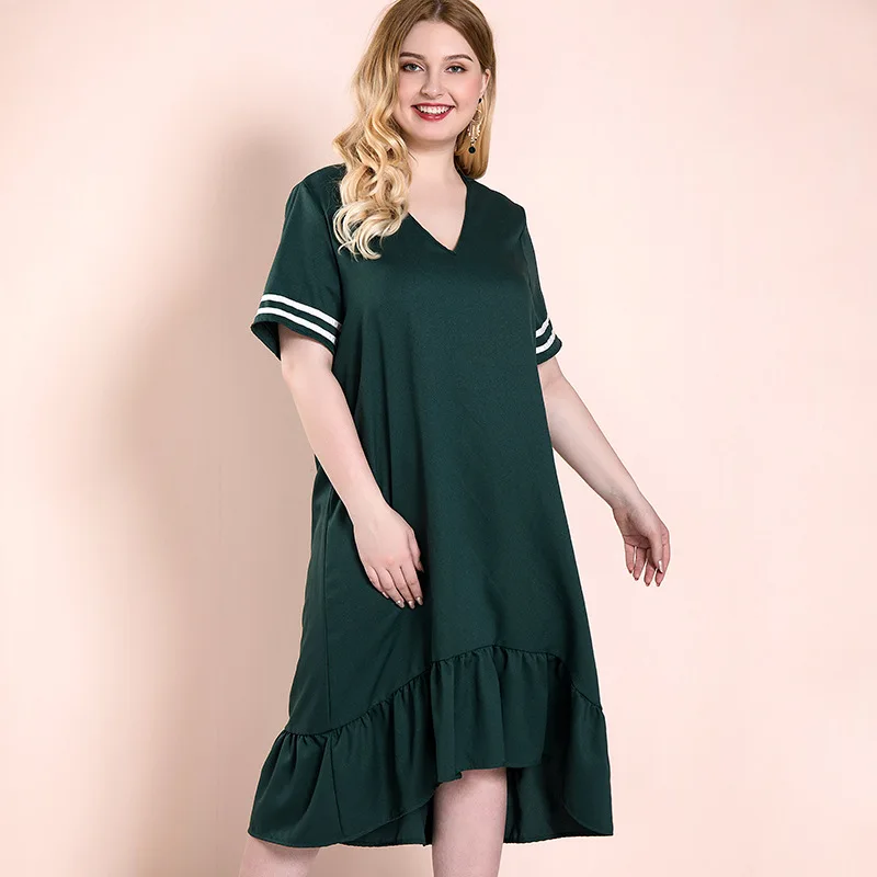 Женское Свободное платье с коротким рукавом Зеленое Длинное Платье V-образным