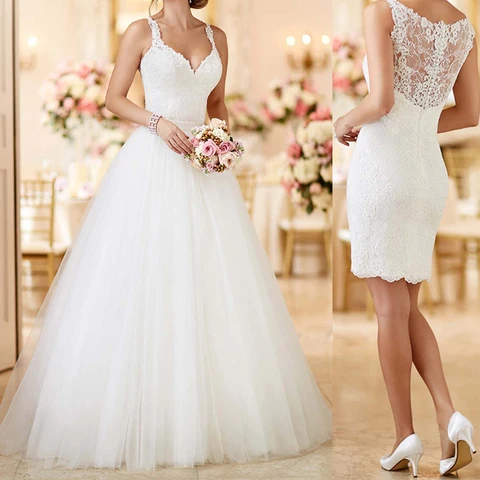 Ivory Lace Appliques Detachable Skirt Lace Wedding Dresses V Neck Sleeveless 2 in 1 Wedding Gowns Bridal Gowns Vestido De Novia