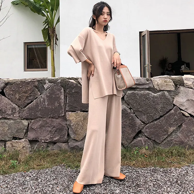 Вязаный женский свитер брючный костюм для женщин комплект из двух предметов