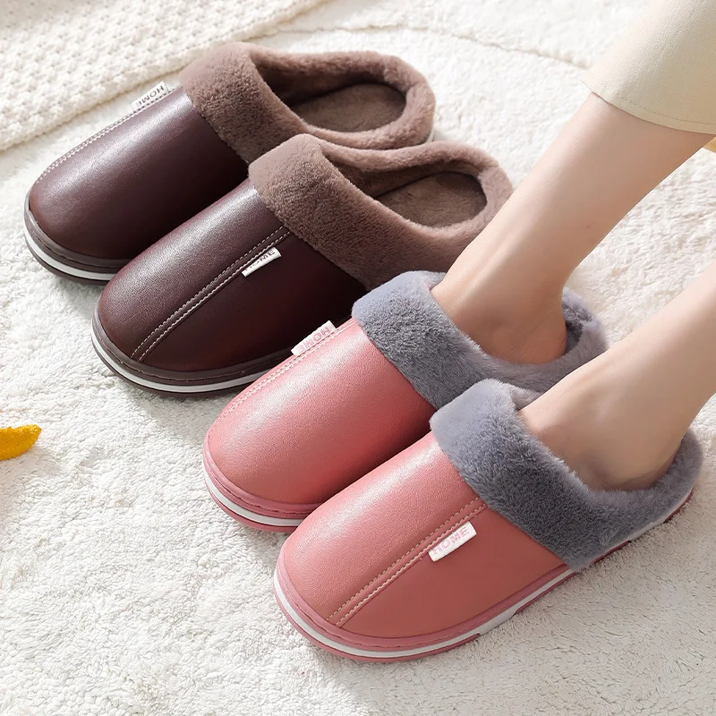 

Women's Two-color Non-slip Winter Warm Slippers Indoor Warm Slippers Ladies Leather Slippers Couple Home Short Plush Flat Shoes