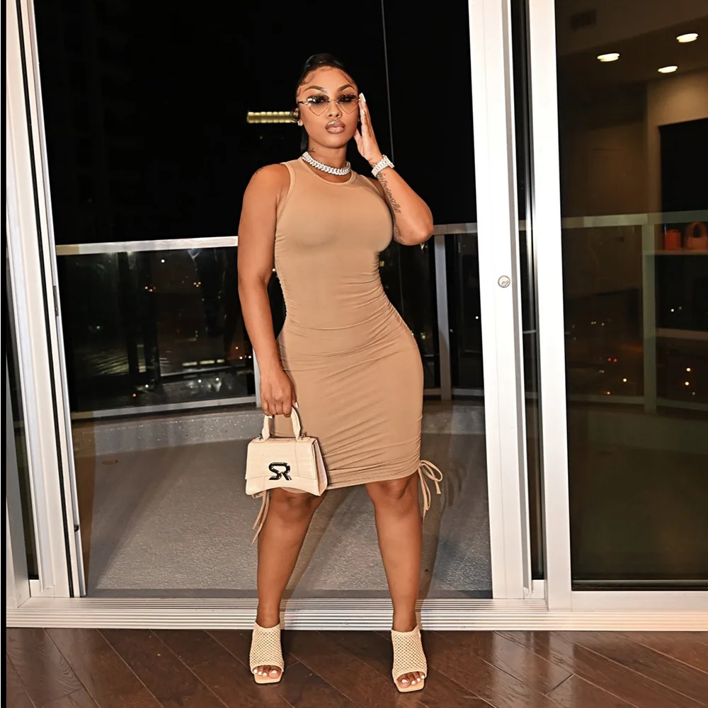 

Wholesale Lots Bulk Clothes Women Drawstring Side Ruched Midi Dress Solid Sleeveless Pencil Mini dress Summer Sexy Club Outfits