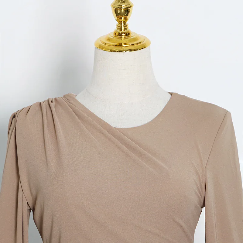 

Long Sleeve Dress 2021 Autumn New Fashion Elegant Round Neck Long Sleeve Solid Color Drape Elastic One Piece Women's Dress