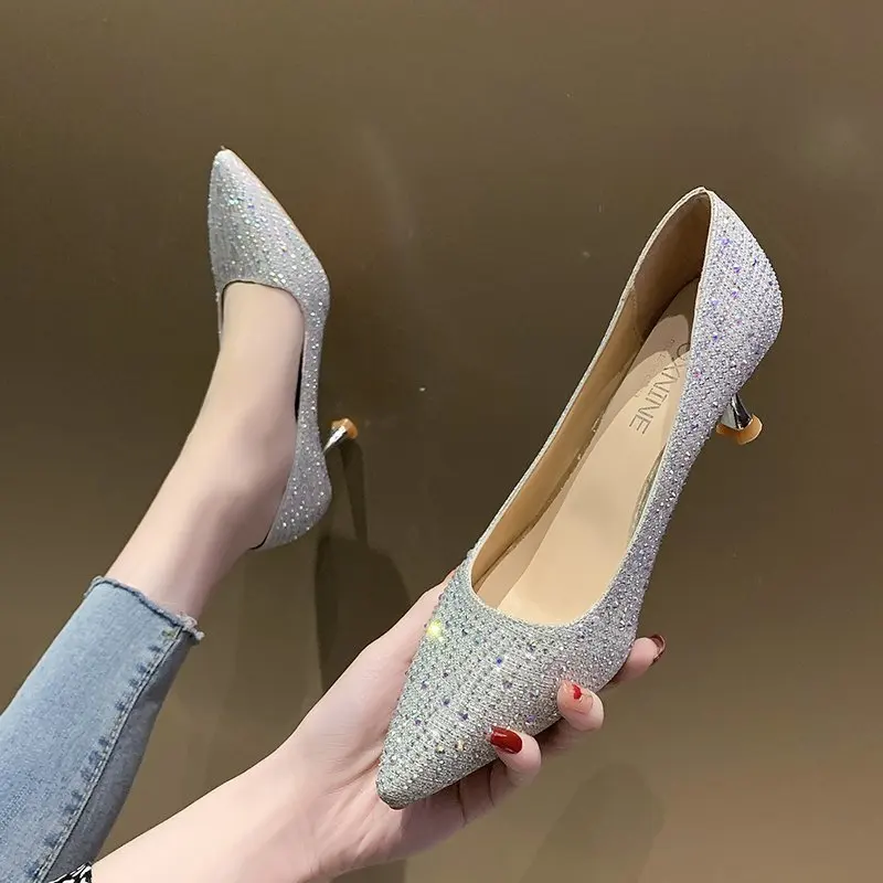 

Sequin high heeled shoes 2021 new spring and summer thin heeled women's shoes pointed silver single shoes professional shoes