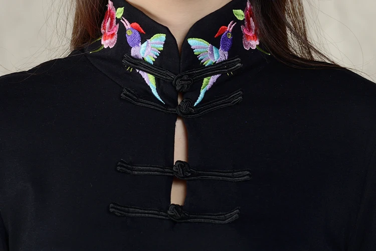 Рубашка в китайском стиле Женская 2019 Весенняя Этническая черная белая блузка с