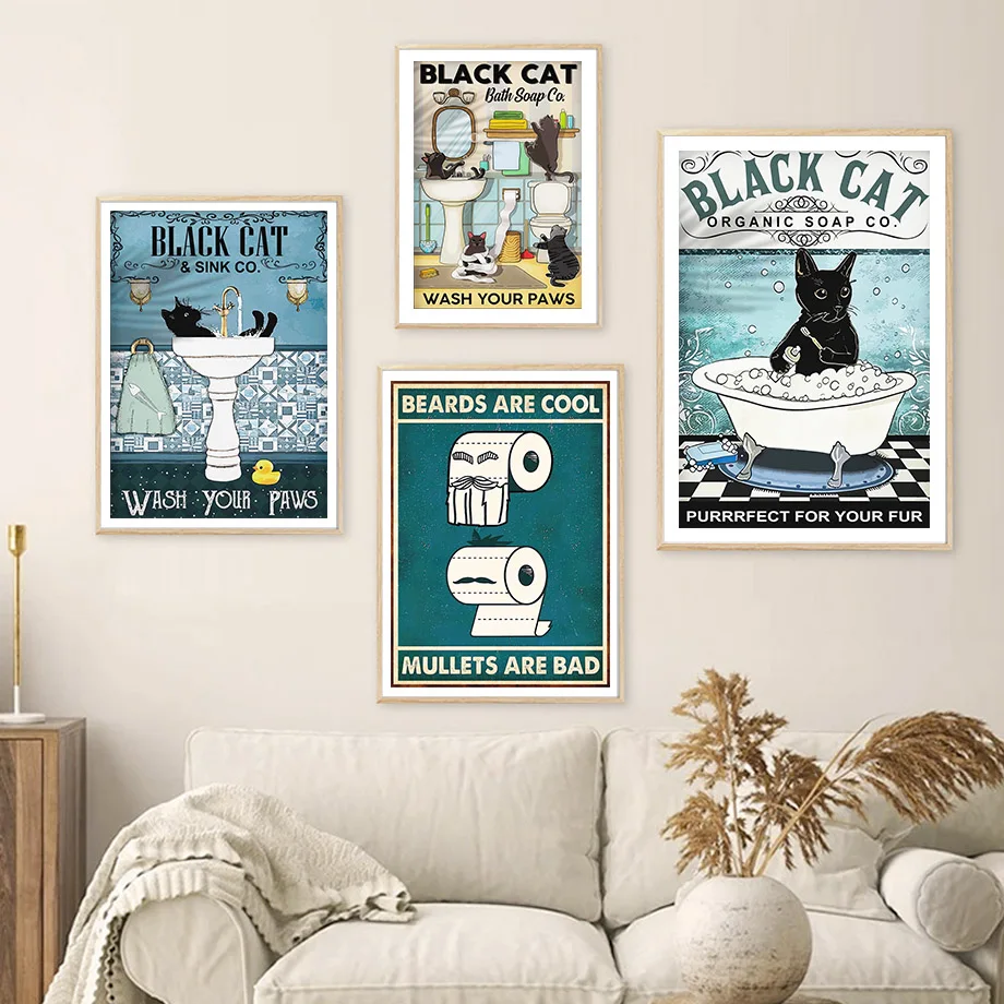 

Black Cat Paws Sloth Napkin Wall Art Canvas Painting Nordic Posters And Prints Wall Pictures For Humor Toilet WC Bathroom Decor