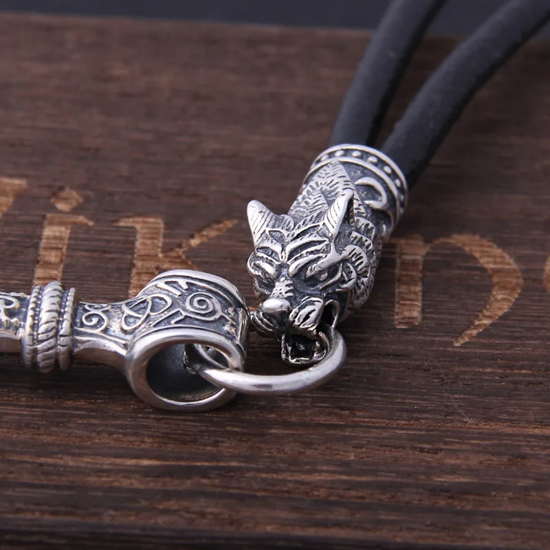 S925 стерлингового серебра Викинг-волк головы с thor's Молот Мьёльнир Кулон кожаный мужской ожерелье как рождественский подарок