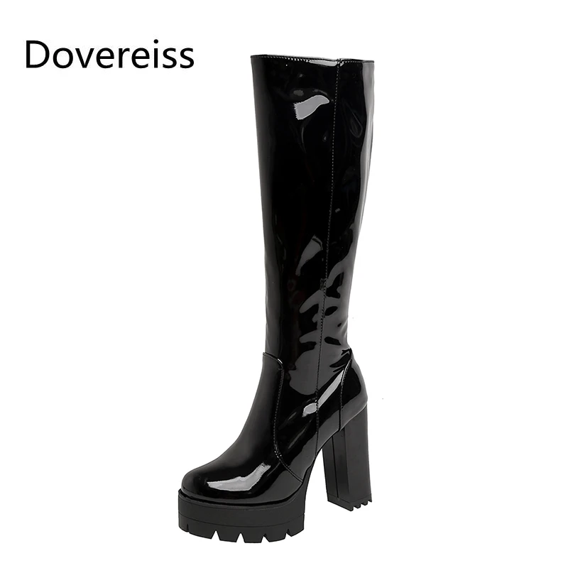 

Dovereiss/модные женские ботинки новые зимние элегантные пикантные однотонные сапоги до колена на молнии с круглым носком на квадратном каблук...