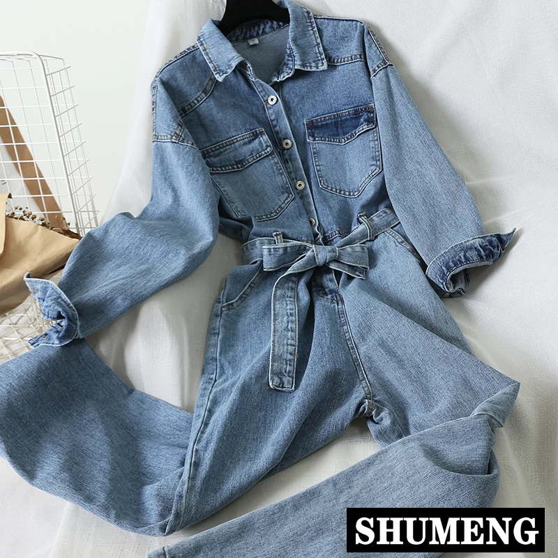 Комбинезон женский джинсовый с завышенной талией Свободный Прямой комбинезон в