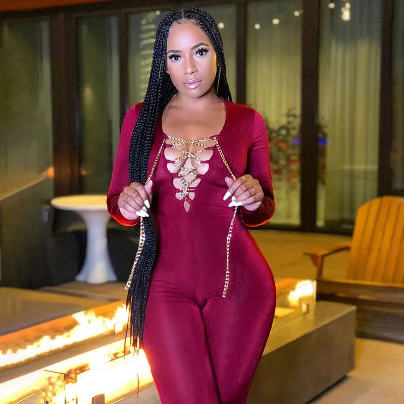 Autumn Women High Street Sexy V Neck Jumpsuit Hollow Out Lace Up Chain Long Sleeve Bodycon Slim Club Romper Playsuit Streetwear
