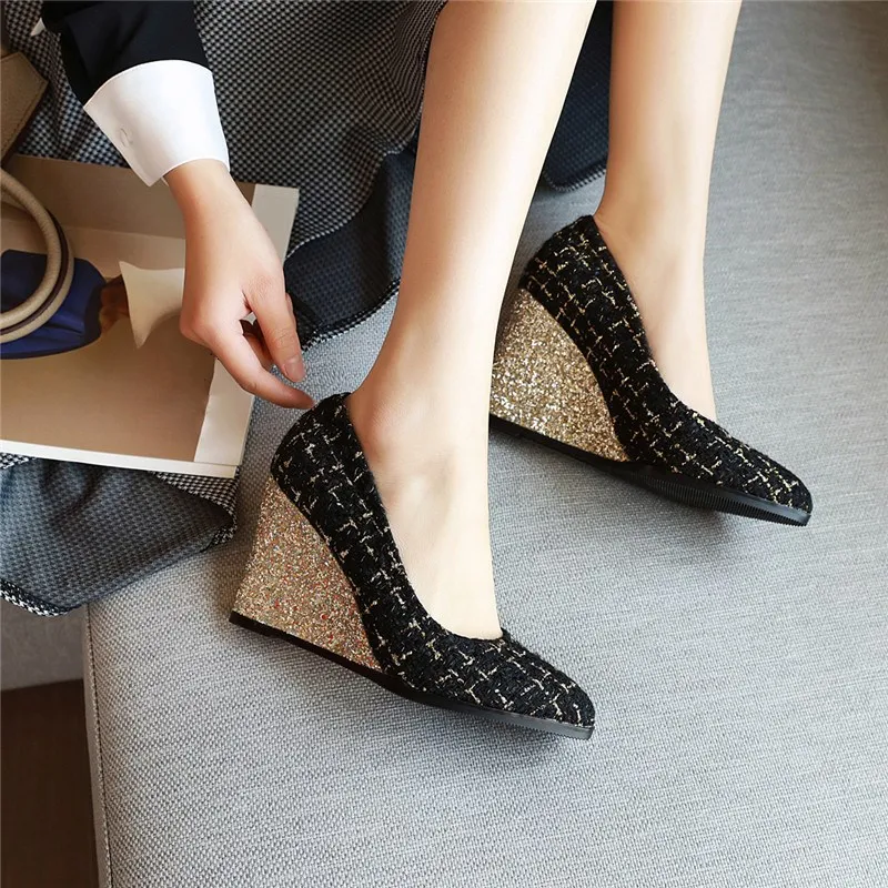 YMECHIC/Модная женская обувь в клетку Цвет черный синий блестящие туфли на танкетке