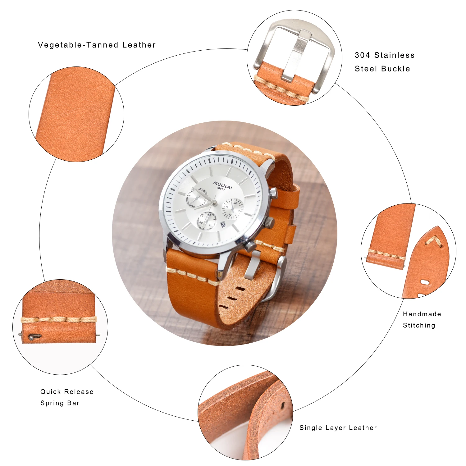 BEAFIRY Quick Release Vegetable Tanned Leather Watch Band 24mm 22mm 20mm Single Layer Leather Brown Straps Handmade Watchbands