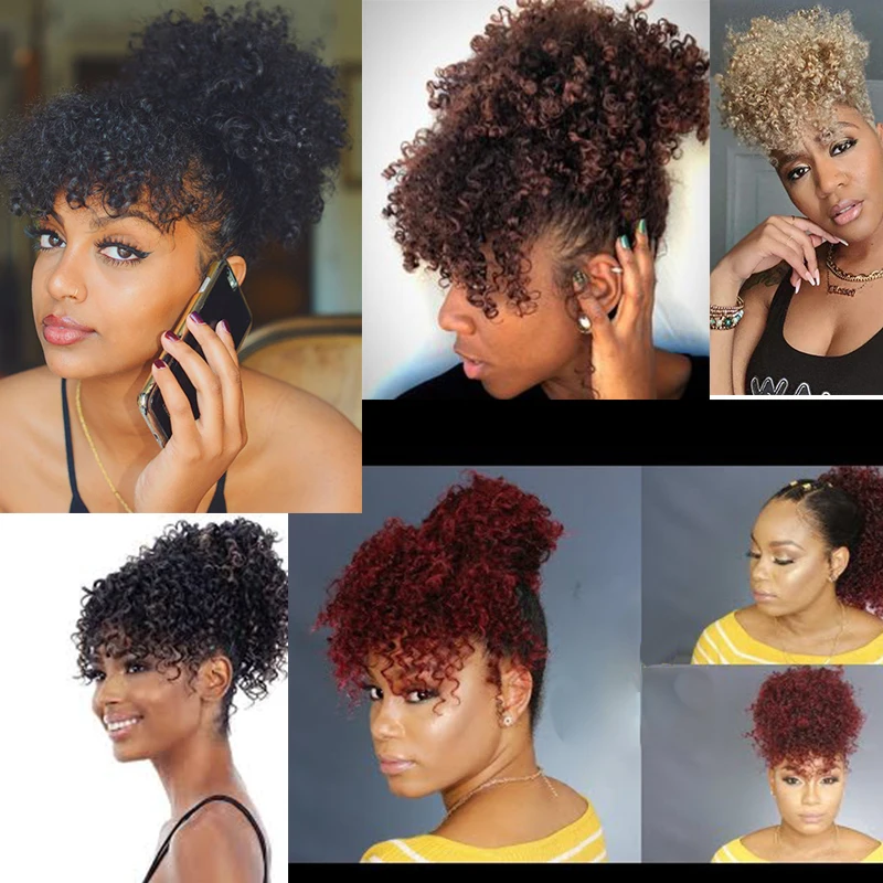 

Synthetic Ponytail with Bangs High Puff Afro Kinky Curly Ponytail Hair Extension Drawstring Short Afro Pony Tail Clip in Hair