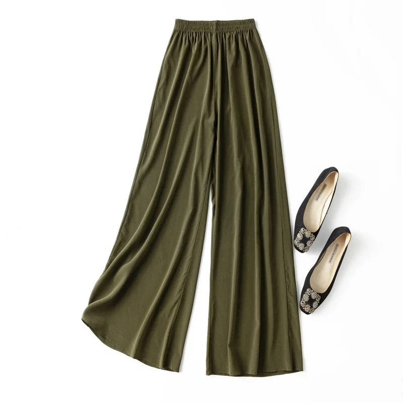 

Sales!!! Women's 95% Silk 5% Spandex Crepe Silk Army Green Elastic Waist Wide Leg Long Pants Trousers M120