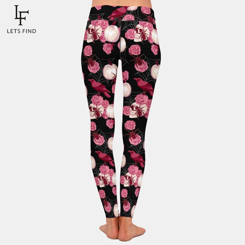 LETSFIND 2021 New Sexy Women Elastic Leggings 3D Skulls and Flowers Print High Waist  Soft Slim Fitness Leggings