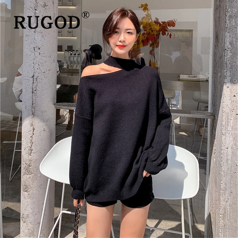 RUGOD элегантный женский свитер с открытыми плечами 2019 модный однотонный теплый