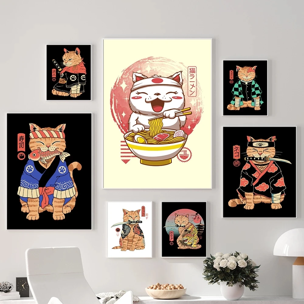 

Japanese Samurai Cat Ramen Sushi Food Nostalgia Home Decor Art Decor HD Quality Cartoon Animal Posters Kitchen Canvas Painting