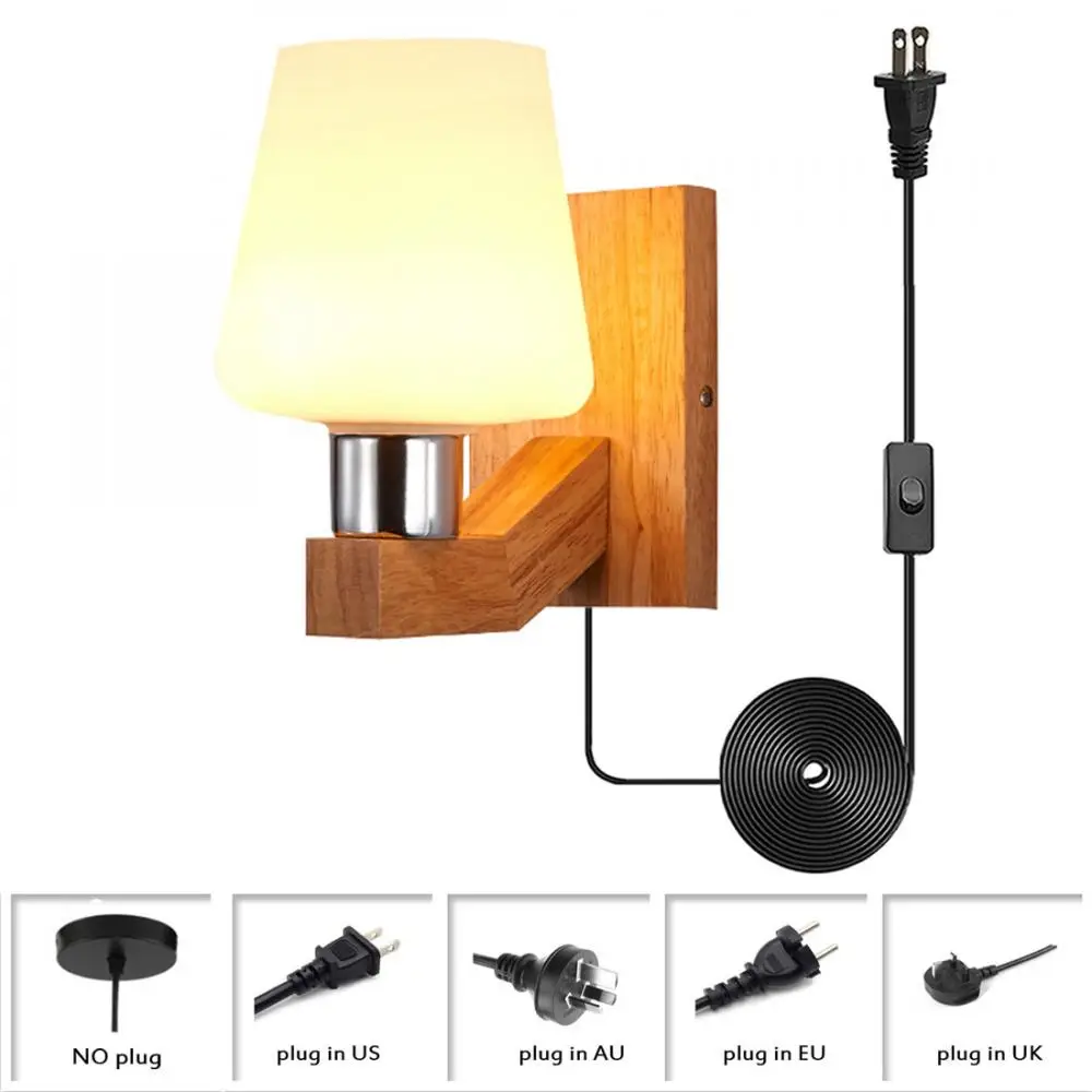 

Decorative Wall Lighting, Solid Wood Wall Light with Milky Frosted Glass Lampshade, Modern Simple Plug In Wall Sconce Bedroom