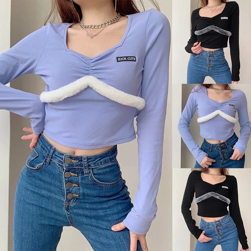

Women's Fashion Square Collar Folded Fur Stitching Slim Short Long Sleeve T-Shirt Tops