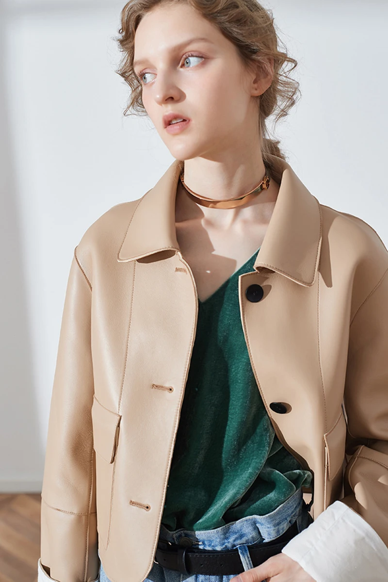 Sheepskin Jacket Women's Double Patch Pocket Spring and Autumn Genuine Leather Clothes Jacket Women's Short Style Fashion