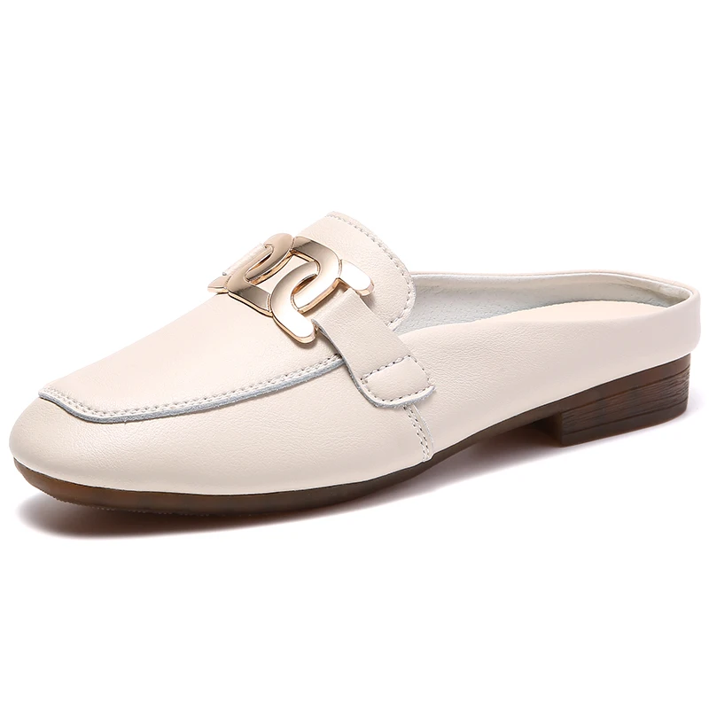 

New Women's Casual Shoes Large Summer Metal Buckle Half Support Leather Single Shoes for Women Work Leather Shoes