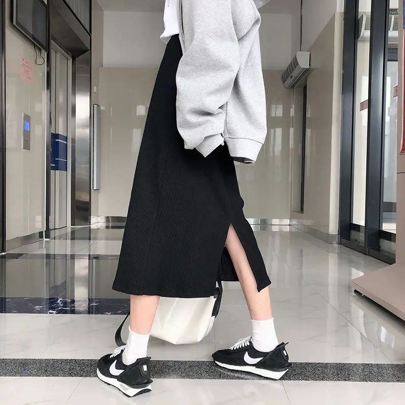 Женская прямая юбка с высокой талией однотонная длинная трапециевидная разрезом