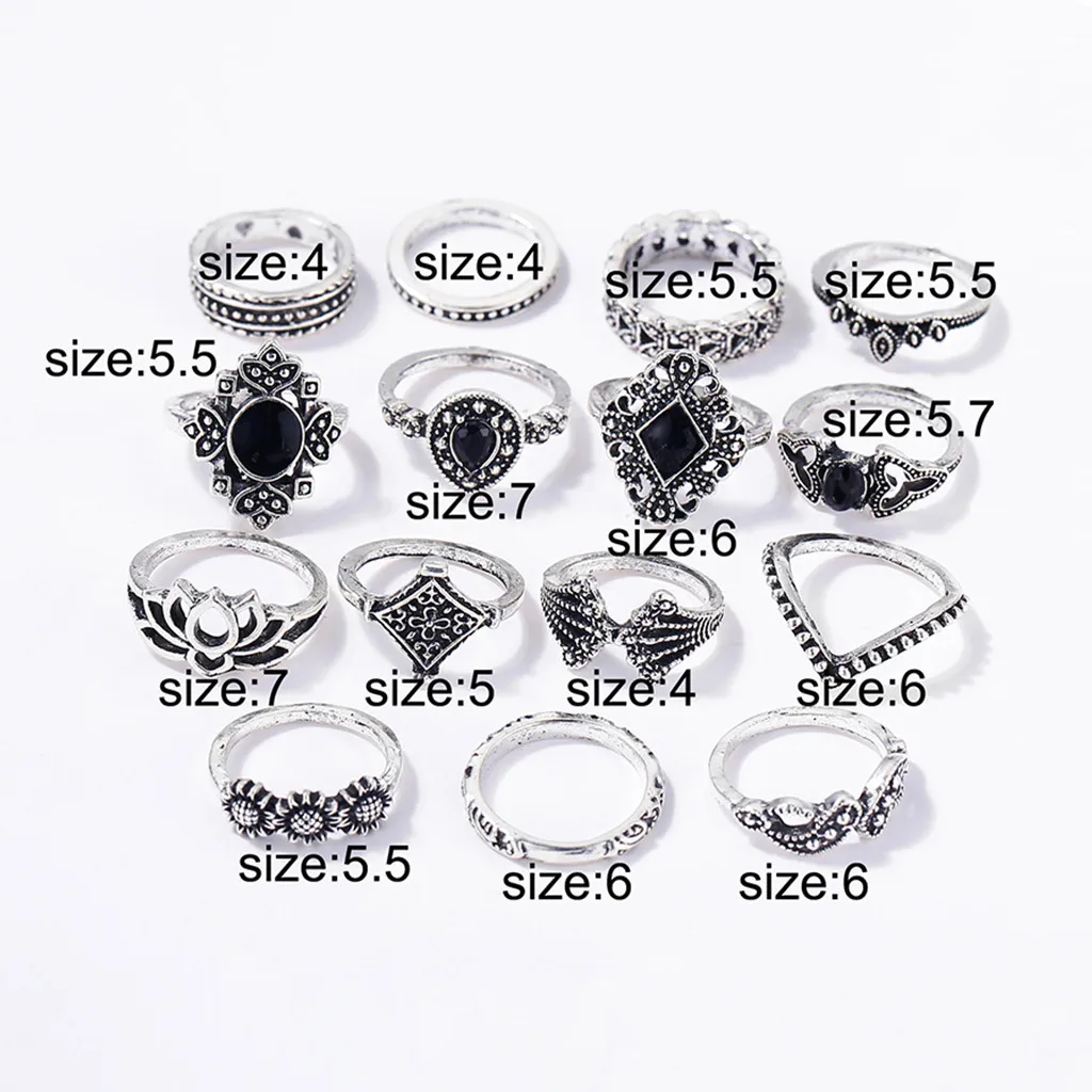 

15Pcs/Set Carving Vintage Women Mid Ring Set Flower Crown Hollow Out Joint Knuckle Nail Ring Set