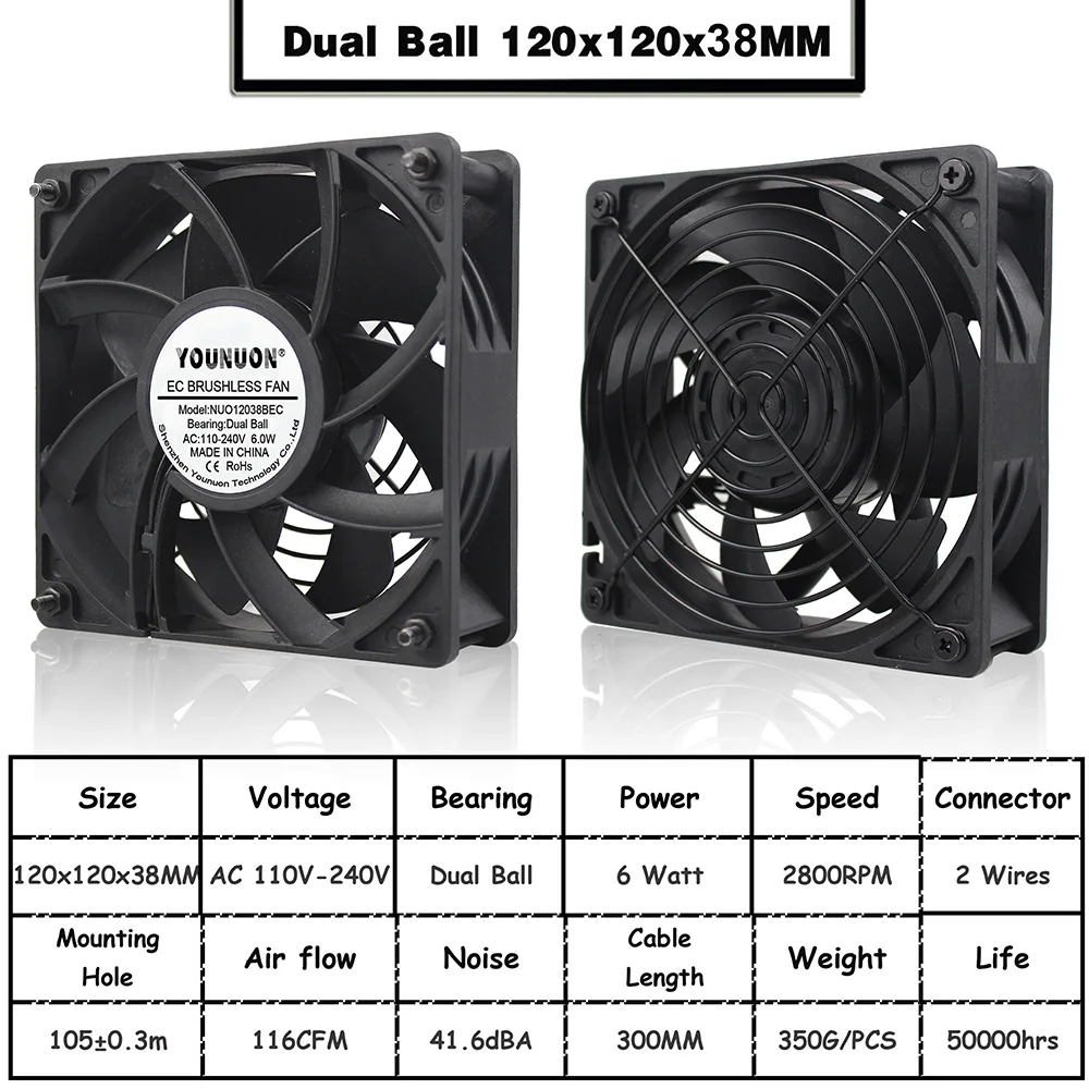 Ball 120x120x38MM YOUNUON 60 мм, 80 мм, 90 мм 120 мм EC бесщеточный вентилятор AC 110V 115V 120V 220V 240V осевой вентилятор с Srews/гриль 6025 8025 9225 12025 12038 - Цвет лезвия: Ball 120x120x38MM