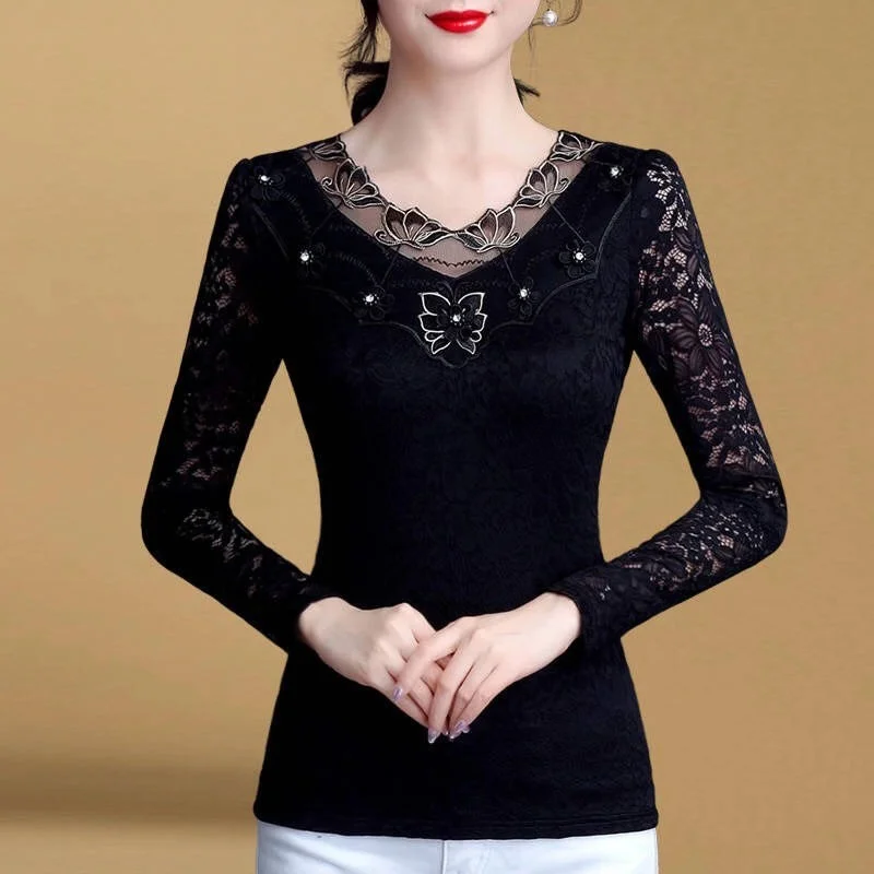 

Women Blouse Spring Autumn Lace Round Neck Women's Clothing Hollow Mesh Long Sleeve Bottoming Shirt Blusas Ropa De Mujer Y752
