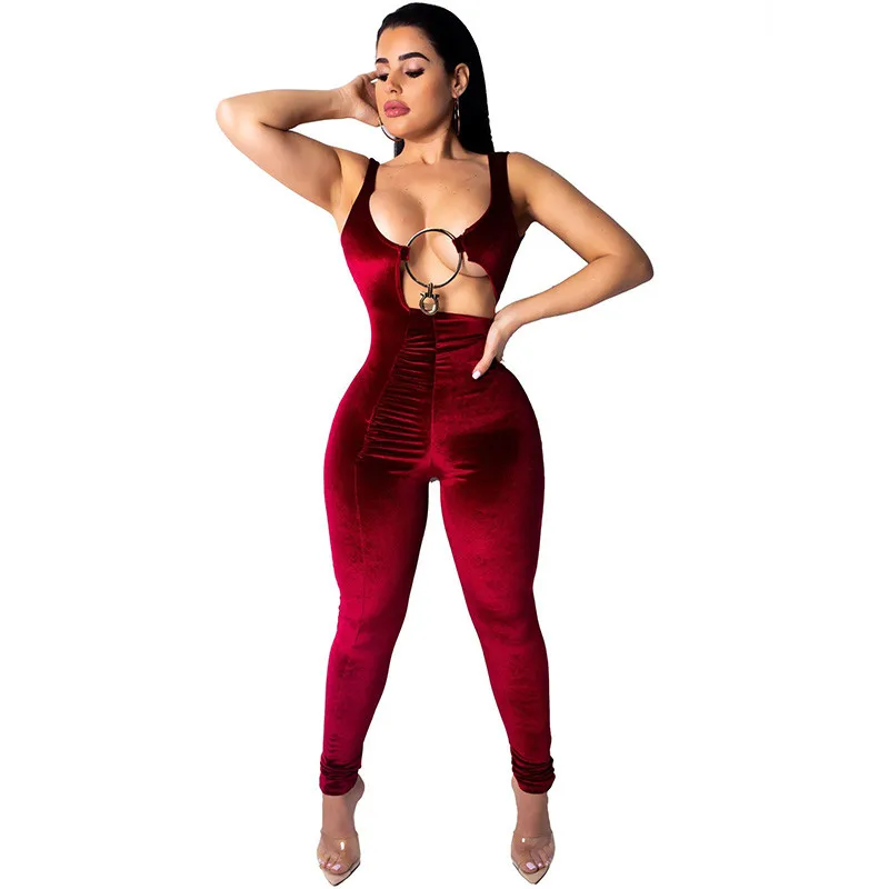 

Sexy Big Ring Velvet Jumpsuit Romper Women Sleeveless Tank Hollow Out Skinny Bodycon Jumpsuit Nightclub Female Backless Overalls