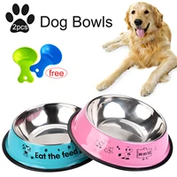 2pcs dog cat bowls cute printed stainless steel feeding feeder water bowl for pet dog cats puppy food dish with 2pcs food scoop