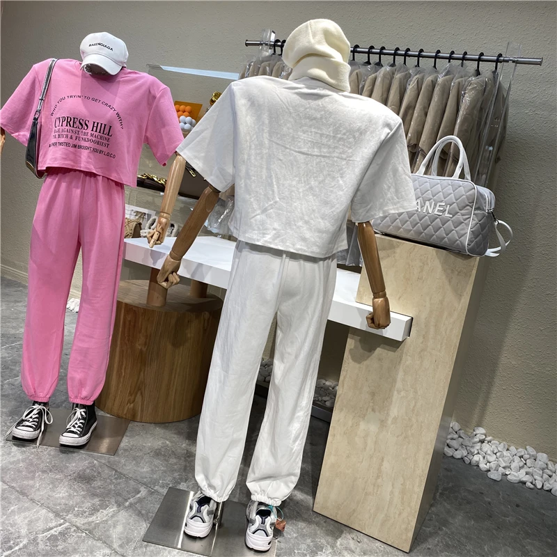 

Niche Design Sports Suit Female Round Neck Print Short Sleeve Loose T-shirt + Elastic Waist Drape Feel Straight Leg Girdle Pants