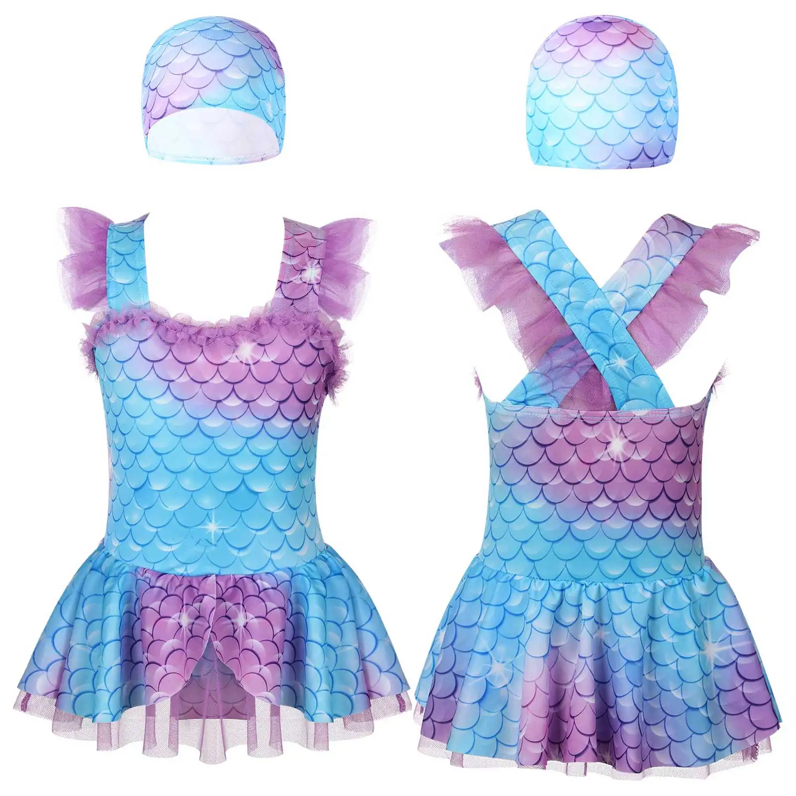 Kids Girls 1Pcs Fish Scales Print Mermaid Dress Square Neck Cross Straps Open Back Swim Bodysuit with Attached Underwear and Hat