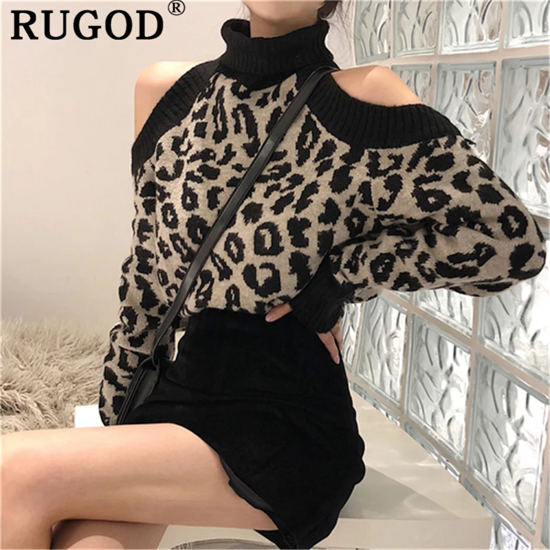 RUGOD Vintage leopard sweater women Elegant off shoulder turtleneck knitted sweaters female 2019 Fashion Slim pullovers outwear | Женская