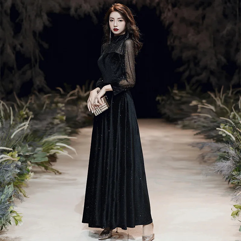 

Black Sexy Long sleeve Oriental Party Female Sequins Stage Show Full Length Qipao Elegant Celebrity Evening Dress Banquet Dress