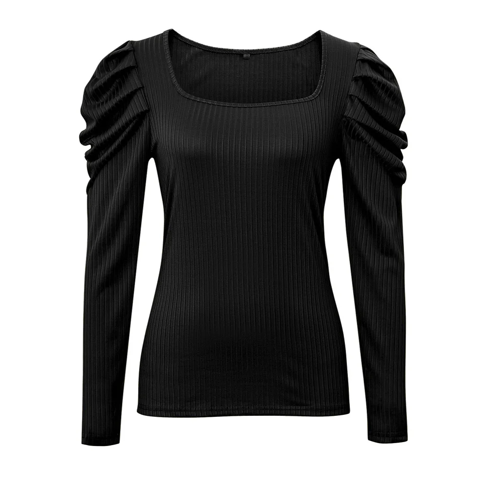 

Fashion Square Collar Women Streetwear Long Sleeve T Shirt Solid Autumn Clothes Vintage Puff Sleeve Women Casual Top T shirts