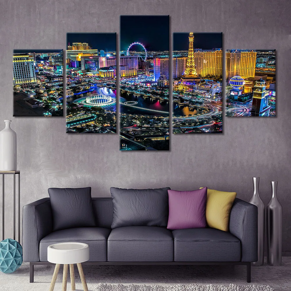 5 Панель животных Печать холст Картина Home Decor Wall Art Лас-Вегас ночной Secenry картины