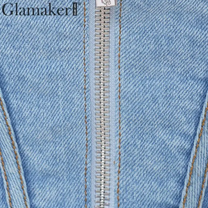 Glamaker Сексуальная джинсовая женская блузка Женский Топ Женская кружевная элегантная рубашка с пышными рукавами осенняя синяя Зимняя Блузка укороченная рубашка