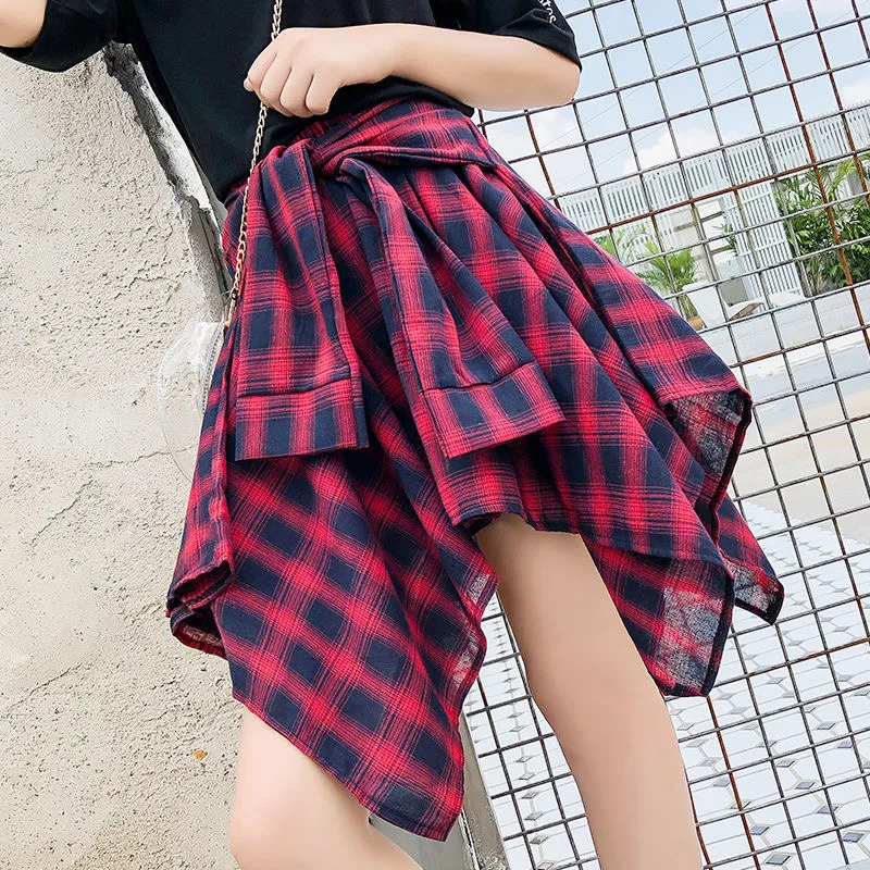 

2021 Summer New Arrival Elastic High Waist Slim Simple Plaid Short Skirt Casual All-match Women Irregular Skirt Free Shipping